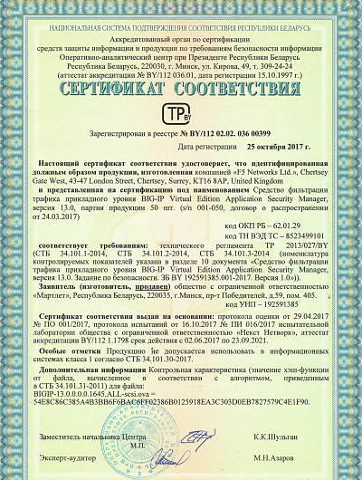 Сертификат соответствия F5 Networks Ltd